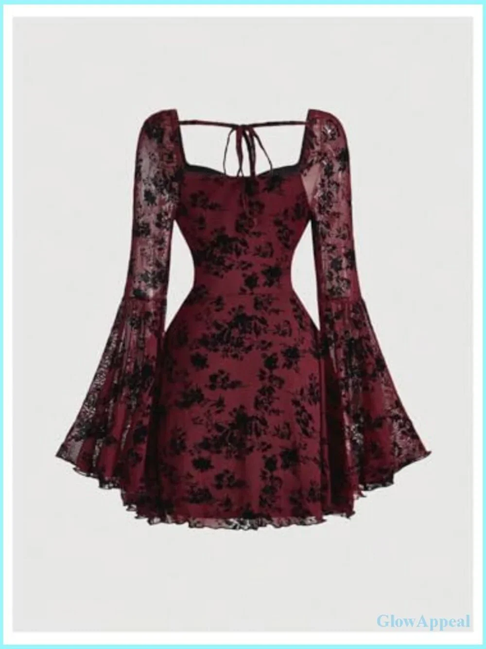 Vintage Gothic Floral Jacquard Mesh Dress Bell Long Sleeve A-Line - Picture 3 of 7